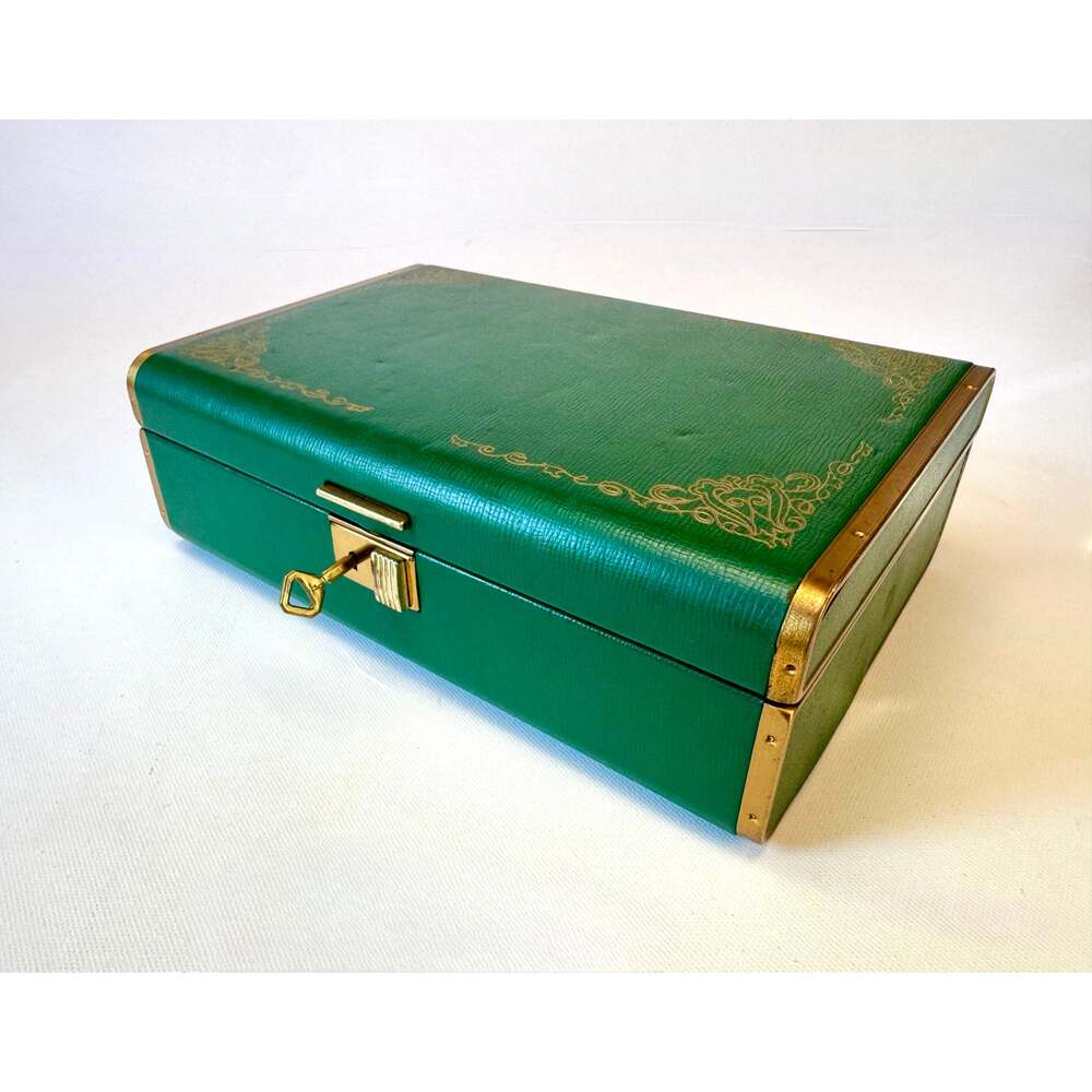 Vintage Farrington Green and Gold Jewelry Box with Key, Made in USA